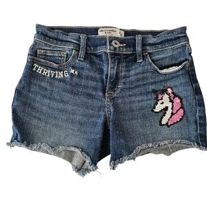 Abercrombie Kids Midi Shorts Medium Wash Bling Girl’s size 11/12 Unicorn Raw Hem